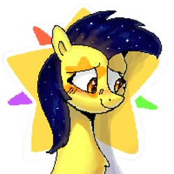 Size: 960x960 | Tagged: safe, artist:enderselyatdark, imported from derpibooru, oc, oc only, oc:mixi creamstar, pegasus, pony, blushing, ethereal mane, gift art, pixel art, simple background, smiling, solo, starry mane, white background