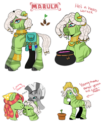 Size: 1200x1500 | Tagged: safe, artist:etchnsketches, imported from derpibooru, tree hugger, zecora, oc, oc:marula, earth pony, hybrid, pony, zony, cauldron, dreadlocks, female, hat, interspecies offspring, lesbian, magical lesbian spawn, male, mother and child, mother and son, offspring, parent:tree hugger, parent:zecora, parents:treecora, plant, shipping, simple background, straw hat, treecora, white background