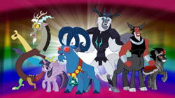 Size: 1280x719 | Tagged: safe, artist:andoanimalia, imported from derpibooru, discord, grogar, king sombra, lord tirek, mean twilight sparkle, storm king, alicorn, centaur, draconequus, pony, sheep, unicorn, yeti, my little pony: the movie, bell, female, grogar's bell, male, mare, ram, stallion