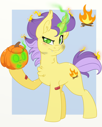 Size: 1200x1500 | Tagged: safe, artist:itstaylor-made, imported from derpibooru, oc, oc only, oc:glow stick, pony, unicorn, fire, halloween, holiday, jack-o-lantern, pumpkin, solo