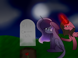 Size: 2668x2000 | Tagged: safe, artist:thecommandermiky, imported from derpibooru, oc, alicorn, pony, crying, grave, gravestone, night, sad