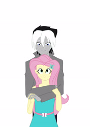 Size: 2480x3508 | Tagged: safe, artist:darkland_production, imported from derpibooru, fluttershy, oc, oc:cedric clawford, equestria girls, canon x oc, holding hands, hug, looking at each other, two toned hair