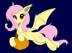 Size: 2000x1482 | Tagged: safe, artist:btbunny, imported from derpibooru, fluttershy, bat pony, pony, bat ponified, bat wings, female, flutterbat, looking at you, pink hair, pumpkin, race swap, red eyes, simple background, wings