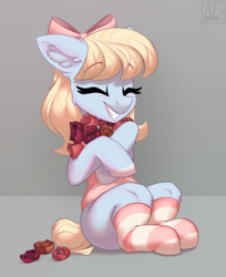 Size: 2860x3500 | Tagged: safe, artist:airfly-pony, imported from derpibooru, oc, oc only, oc:tulip toss, pony, clothes, femboy, flower, long hair, male, rose, sitting, smiling, socks, solo, striped socks