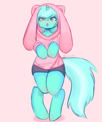 Size: 800x960 | Tagged: safe, artist:valeria_fills, imported from derpibooru, lyra heartstrings, pony, semi-anthro, unicorn, bipedal, blushing, bunny ears, clothes, costume, digital art, female, hoodie, hooves, horn, kigurumi, looking at you, mare, open mouth, simple background, solo, standing, tail