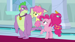 Size: 1920x1080 | Tagged: safe, imported from derpibooru, screencap, li'l cheese, pinkie pie, spike, dragon, earth pony, pony, the last problem, male, older, older pinkie pie, older spike, winged spike, wings