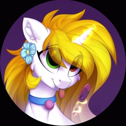 Size: 3500x3500 | Tagged: safe, artist:airfly-pony, imported from derpibooru, oc, oc only, alicorn, pony, alicorn oc, bust, candy, eye clipping through hair, eyebrows, eyebrows visible through hair, female, flower, food, glowing horn, heterochromia, horn, lollipop, magic, magic aura, mare, portrait, smiling, telekinesis, tongue out, wings
