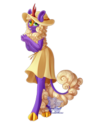 Size: 768x960 | Tagged: safe, artist:lilac blaze, imported from derpibooru, oc, oc only, oc:popcorn the kirin, anthro, kirin, unguligrade anthro, arm fluff, clothes, cloven hooves, colored, dress, elbow fluff, hat, kirin oc, simple background, solo, sun hat, sundress, transparent background