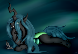 Size: 3484x2423 | Tagged: safe, artist:thebenalpha, imported from derpibooru, queen chrysalis, changeling, changeling queen, crown, female, horn, jewelry, regalia, simple background, solo