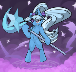 Size: 2404x2269 | Tagged: safe, artist:llametsul, imported from derpibooru, trixie, pony, semi-anthro, unicorn, alternate hairstyle, babysitter trixie, belly button, chest fluff, clothes, determined, ear fluff, eyepatch, female, floating, high res, hoodie, magic, mare, pigtails, runes, signature, smoke, solo, sparkles, spell, staff, twintails