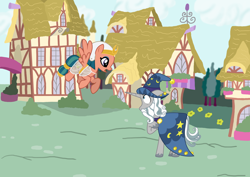 Size: 3440x2441 | Tagged: safe, artist:pillarsofequestria, imported from derpibooru, somnambula, star swirl the bearded, pegasus, pony, unicorn, fanfic:my little pony: friendship is sorcery, friendship is magic, duo, female, male, mare, ponyville, scene interpretation, stallion