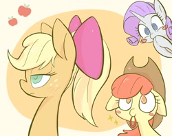Size: 2424x1918 | Tagged: safe, artist:noupu, imported from derpibooru, apple bloom, applejack, rarity, earth pony, pony, unicorn, accessory swap, applejack's hat, blush sticker, blushing, bow, bust, cowboy hat, female, filly, floppy ears, hair bow, hat, implied lesbian, implied rarijack, implied shipping, lidded eyes, mare, mouth hold, portrait, profile, trio