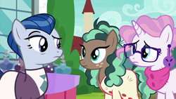 Size: 1920x1080 | Tagged: safe, imported from derpibooru, screencap, ever essence, minty mocha, raspberry latte, earth pony, pony, the parent map, female, glasses, looking at each other, mare, sire's hollow