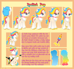 Size: 2000x1850 | Tagged: safe, artist:paradiseskeletons, imported from derpibooru, oc, oc only, oc:rocket pop, earth pony, pony, chest fluff, choker, commission, female, fetlock tuft, fireworks, guitar, multicolored hair, musical instrument, reference sheet, solo, tightrope, ych result