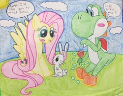 Size: 960x750 | Tagged: safe, artist:justinvaldecanas, imported from derpibooru, fluttershy, pegasus, pony, yoshi, hasbro, nintendo, photo, super mario, super mario bros., traditional art