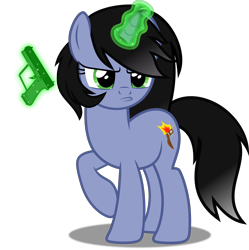 Size: 7491x7533 | Tagged: safe, artist:isaac_pony, imported from derpibooru, oc, oc only, oc:shainer shrapnel shock, pony, unicorn, angry, black mane, cute, cutie mark, doom equestria, female, glock, glock 17, glowing horn, green eyes, green magic, gun, horn, magic, pistol, pouting, show accurate, simple background, solo, telekinesis, transparent background, unicorn oc, vector, weapon