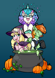 Size: 4000x5667 | Tagged: safe, artist:witchtaunter, imported from derpibooru, oc, oc:barley tender, oc:caramel malt, oc:fizzy pop, kirin, pegasus, pony, unicorn, cauldron, clothes, costume, group shot, hat, kirin oc, ponyville ciderfest, pumpkin, witch hat