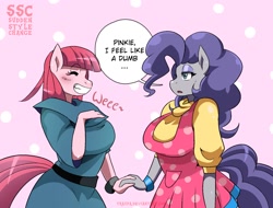 Size: 1710x1302 | Tagged: safe, artist:traupa, imported from derpibooru, maud pie, pinkie pie, anthro, earth pony, rock solid friendship, big breasts, blushing, breasts, busty maud pie, busty pinkie pie, clothes, clothes swap, dialogue, duo, eyes closed, female, grin, hair swap, maudie pie, pie sisters, pinkamena diane pie, role reversal, siblings, sisters, smiling, speech bubble, style change, sudden style change, sweat, sweatdrop