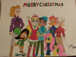 Size: 1280x960 | Tagged: safe, artist:cartoonsarelife1996, imported from derpibooru, fluttershy, oc, human, cats don't dance, christmas, crossover, danny t. cat, holiday, human oc, marco diaz, sawyer, star butterfly, star vs the forces of evil, traditional art, wander (wander over yonder), wander over yonder