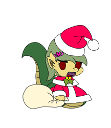 Size: 2157x2480 | Tagged: safe, artist:shappy the lamia, imported from derpibooru, oc, oc:shappy, earth pony, hybrid, lamia, original species, pony, semi-anthro, bag, bells, brooch, chibi, christmas, clothes, costume, fangs, hat, holiday, holly, mistletoe, padoru, png, sack, santa claus, santa costume, scales, simple background, snake tail, solo, transparent background