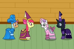 Size: 1280x854 | Tagged: safe, artist:platinumdrop, imported from derpibooru, apple bloom, scootaloo, sweetie belle, oc, oc:nyx, alicorn, pony, for whom the sweetie belle toils, clothes, clubhouse, crusaders clubhouse, cutie mark crusaders, dress, dressup, hanging out, hennin, party, playful, playing, princess, request
