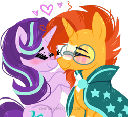 Size: 2000x1823 | Tagged: safe, artist:conflei, imported from derpibooru, starlight glimmer, sunburst, pony, unicorn, blushing, cloak, clothes, cute, duo, eyes closed, female, glasses, heart, male, mare, nose rub, shipping, simple background, sitting, stallion, starburst, straight, transparent background