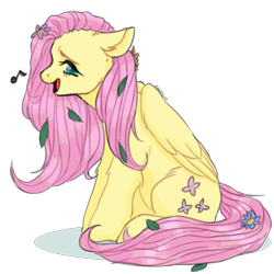 Size: 1000x1000 | Tagged: safe, artist:katedoe, imported from derpibooru, fluttershy, pegasus, pony, cute, elbow fluff, female, floppy ears, flower, flower in hair, flower in tail, folded wings, hoof fluff, leaves, leaves in hair, looking at you, looking sideways, mare, music notes, open mouth, profile, shyabetes, simple background, singing, sitting, smiling, solo, transparent background, wings