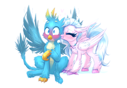 Size: 4344x3000 | Tagged: safe, artist:confetticakez, imported from derpibooru, gallus, silverstream, griffon, hippogriff, blushing, cheek kiss, chest fluff, cute, diastreamies, eyes closed, female, gallabetes, gallstream, interspecies, kiss on the cheek, kissing, male, shipping, simple background, spread wings, straight, surprise kiss, tail boner, white background, wingboner, wings