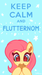 Size: 1080x1920 | Tagged: safe, alternate version, artist:lollipony, imported from derpibooru, fluttershy, pony, blue background, bust, cute, ear fluff, eating, female, food, keep calm and carry on, mare, muffin, nom, portrait, shyabetes, simple background, solo, starry eyes, stars, wingding eyes