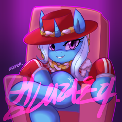 Size: 2800x2800 | Tagged: safe, artist:maren, imported from derpibooru, trixie, pony, unicorn, chair, clothes, grin, hat, high res, jewelry, k-pop, korean, necklace, sitting, smiling, solo