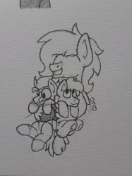 Size: 2048x2731 | Tagged: safe, artist:drheartdoodles, imported from derpibooru, oc, oc only, oc:dr.heart, oc:floofy, oc:vince, clydesdale, earth pony, pegasus, pony, hug, size difference, smiling, traditional art