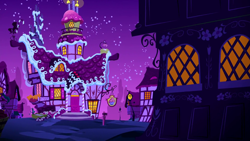 Size: 1280x720 | Tagged: safe, imported from derpibooru, screencap, rock solid friendship, season 7, background, night, no pony, ponyville, scenic ponyville, sugarcube corner