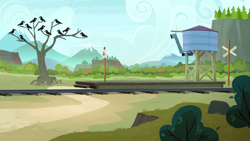 Size: 1280x720 | Tagged: safe, imported from derpibooru, screencap, bird, crow, raven (bird), rock solid friendship, background, ghastly gorge, no pony, scenic ponyville, train station