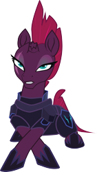 Size: 1813x3205 | Tagged: safe, artist:bubucoy, imported from derpibooru, tempest shadow, pony, unicorn, armor, bedroom eyes, broken horn, eye scar, female, hoof shoes, horn, lying down, mare, prone, scar, simple background, solo, transparent background