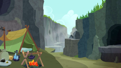 Size: 1280x720 | Tagged: safe, imported from derpibooru, screencap, rock solid friendship, background, camp, campfire, ghastly gorge, no pony, scenic ponyville, tent