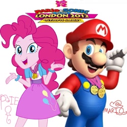 Size: 1080x1080 | Tagged: safe, artist:eddazzling81, artist:sugar-loop, imported from derpibooru, pinkie pie, human, equestria girls, crossover, crossover shipping, female, gold medal, london 2012, male, mario, mario & sonic, mario & sonic at the london 2012 olympic games, mario & sonic at the olympic games, mario and sonic, mario and sonic at the olympic games, mariopie, metal, nintendo, olympics, shipping, straight, super mario bros.