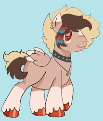 Size: 1080x1262 | Tagged: safe, artist:dellieses, imported from derpibooru, oc, oc only, pegasus, pony, base used, blue background, choker, colored hooves, ear piercing, earring, jewelry, male, necklace, pegasus oc, piercing, simple background, solo, spiked choker, stallion, two toned wings, wings