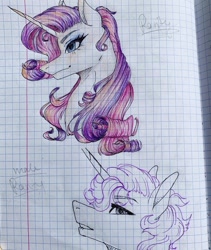 Size: 1080x1277 | Tagged: safe, artist:moona_lou, imported from derpibooru, rarity, pony, unicorn, bust, duo, eyelashes, female, graph paper, lineart, makeup, mare, partial color, signature, smiling, traditional art