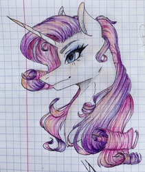 Size: 1080x1277 | Tagged: safe, artist:moona_lou, imported from derpibooru, rarity, pony, unicorn, bust, eyelashes, female, graph paper, makeup, mare, smiling, solo, traditional art
