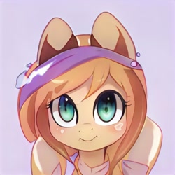 Size: 1024x1024 | Tagged: safe, artist:thisponydoesnotexist, imported from derpibooru, oc, pony, ai content, ai generated, bust, cute, female, generator:thisponydoesnotexist, green eyes, headband, mare, neural network, portrait, solo, weird eyes
