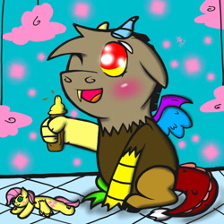 Size: 2048x2048 | Tagged: safe, artist:artmama113, imported from derpibooru, discord, fluttershy, draconequus, :d, blushing, doll, horns, male, milk bottle, one eye closed, open mouth, smiling, toy, wings, wink, young discord