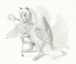 Size: 1024x869 | Tagged: safe, artist:lady-limule, imported from derpibooru, oc, oc only, oc:slate, pegasus, pony, mouth hold, pegasus oc, rearing, solo, traditional art, wings