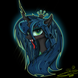 Size: 4000x4000 | Tagged: safe, artist:ser-p, imported from derpibooru, queen chrysalis, changeling, changeling queen, absurd resolution, black background, bust, crown, female, jewelry, portrait, regalia, simple background, solo, tongue out