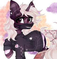 Size: 3140x3220 | Tagged: safe, artist:lazuli, artist:mint-light, imported from derpibooru, oc, oc only, pony, unicorn, abstract background, bandage, clothes, commission, ear fluff, ear piercing, face mask, flower, flower in hair, horn, looking back, mask, piercing, signature, solo, unicorn oc, ych result