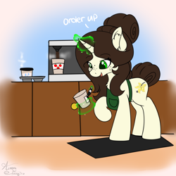 Size: 2000x2000 | Tagged: safe, artist:aurorafang, imported from derpibooru, part of a set, oc, oc:vanilla drops, pony, unicorn, coffee cup, coffee machine, cup, cutie mark, female, mare