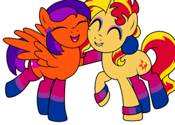 Size: 1024x735 | Tagged: safe, artist:icey-wicey-1517, artist:icicle-wicicle-1517, artist:kb-gamerartist, color edit, edit, imported from derpibooru, sunset shimmer, oc, oc:jade harmony, oc:jade the pegasus, pegasus, pony, unicorn, bisexual pride flag, canon x oc, clothes, collaboration, colored, ear piercing, earring, eyeshadow, female, grin, heart, hug, jewelry, lesbian, lip piercing, makeup, mare, needs more saturation, open mouth, piercing, pride, pride flag, raised hoof, raised leg, shipping, simple background, smiling, socks, striped socks, transparent background, wristband