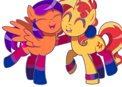 Size: 1024x735 | Tagged: safe, artist:kb-gamerartist, imported from derpibooru, sunset shimmer, oc, oc:jade harmony, oc:jade the pegasus, pegasus, pony, unicorn, bisexual pride flag, canon x oc, clothes, ear piercing, earring, eyeshadow, female, grin, heart, hug, jewelry, lesbian, lip piercing, makeup, mare, open mouth, piercing, pride, pride flag, raised hoof, raised leg, shipping, simple background, smiling, socks, striped socks, transparent background, wristband