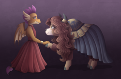Size: 4900x3200 | Tagged: safe, artist:kikirdcz, imported from derpibooru, smolder, yona, dragon, yak, clothes, dragoness, dress, female, lesbian, shipping, smolder also dresses in style, yonder
