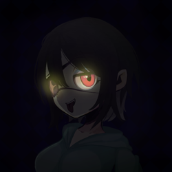 Size: 600x600 | Tagged: safe, artist:isaac_pony, imported from derpibooru, oc, oc only, oc:rouse black, human, vampire, anime, clothes, dark, doom equestria, eyepatch, female, humanized, light, looking at you, shirt, solo, tongue out, website