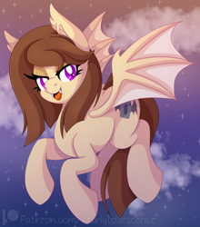 Size: 2066x2353 | Tagged: safe, artist:pearlyiridescence, imported from derpibooru, oc, oc only, oc:midnight cakepowder, bat pony, pony, cloud, dusk, ear fluff, fangs, female, flying, mare, open mouth, smiling, solo, spread wings, stars, wings